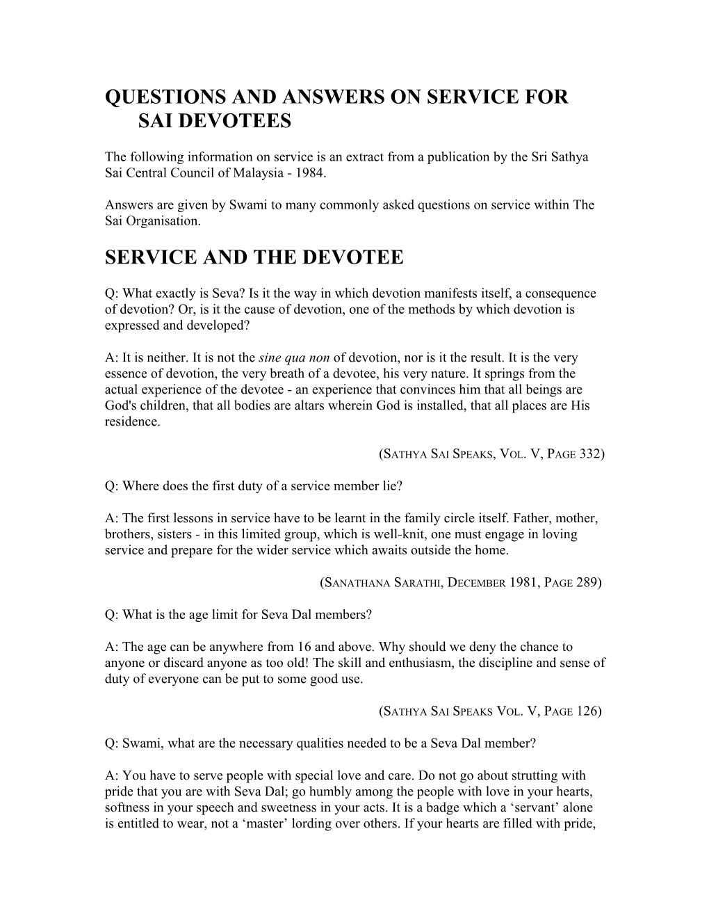 Questions and Answers on Service for Sai Devotees