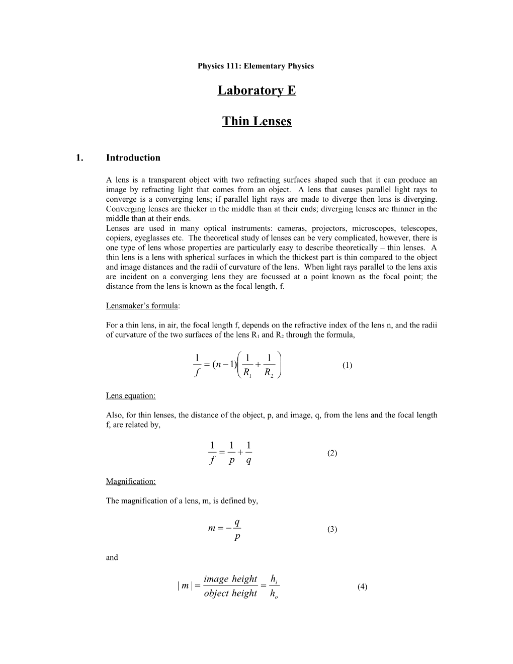 Physics 111 Elementary Physics