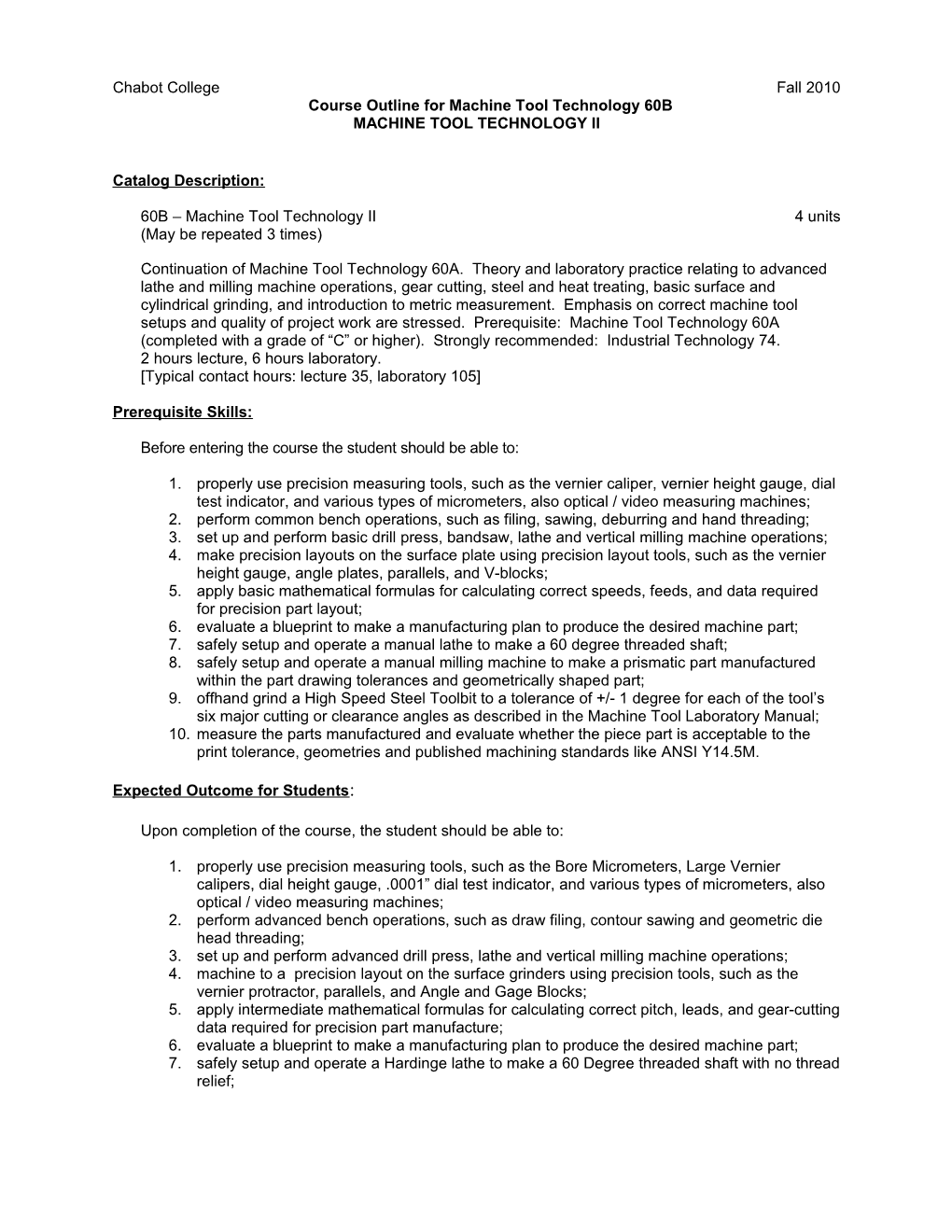 Course Outline for Machine Tool Technology 60B, Page 3