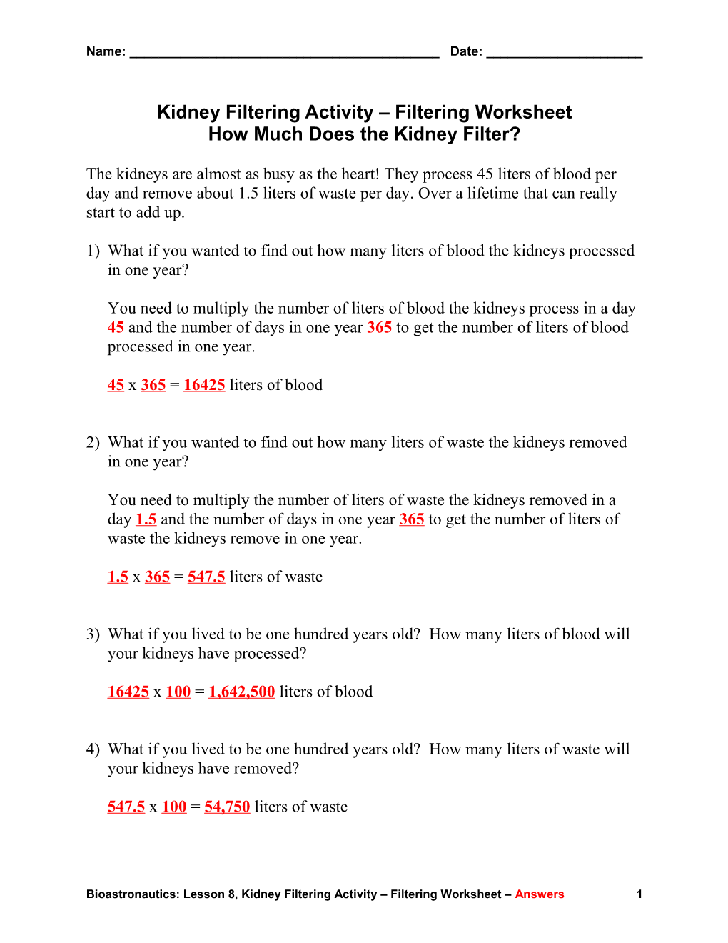 Kidney Filtering Activity Filtering Worksheet How Much Does the Kidney Filter?