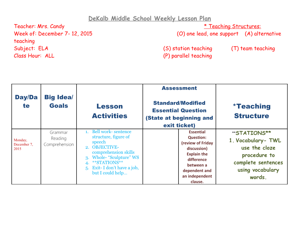 Dekalb Middle School Weekly Lesson Plan s6