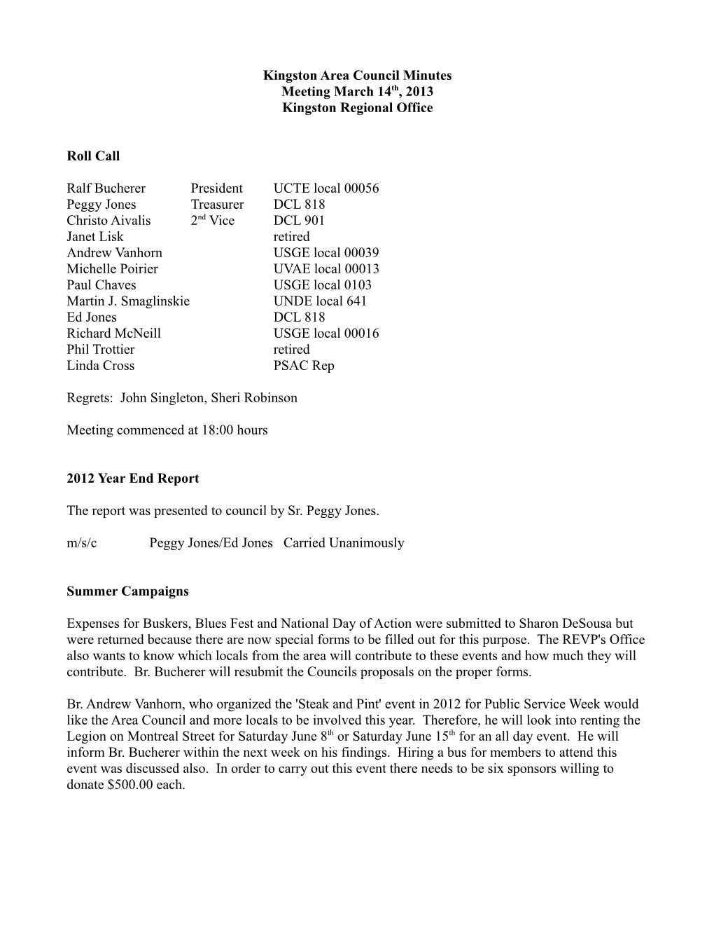 Kingston Area Council Minutes