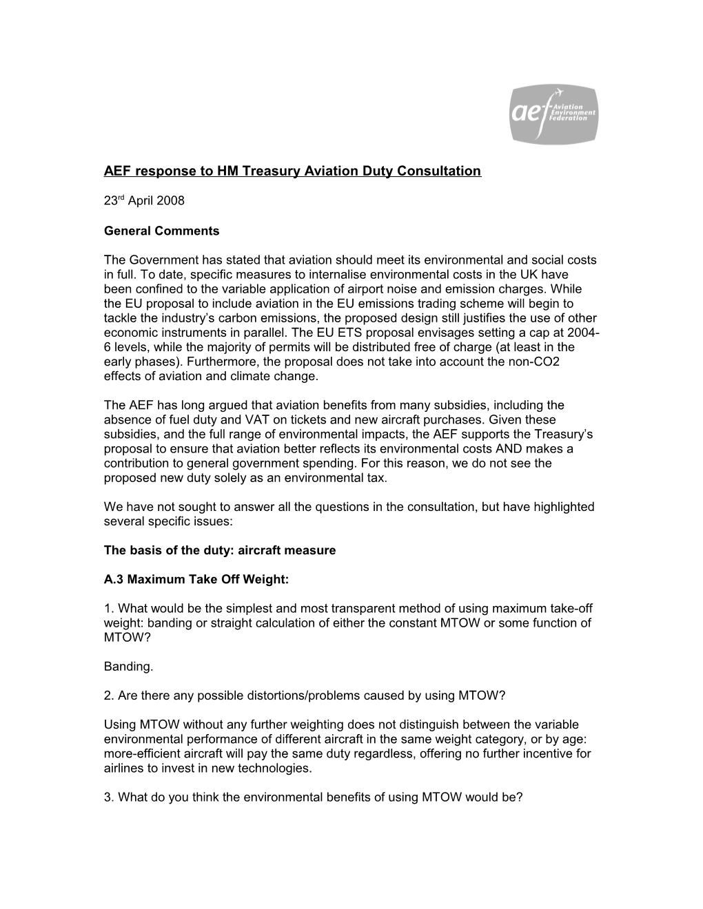 AEF Response to HM Treasury Aviation Duty Consultation