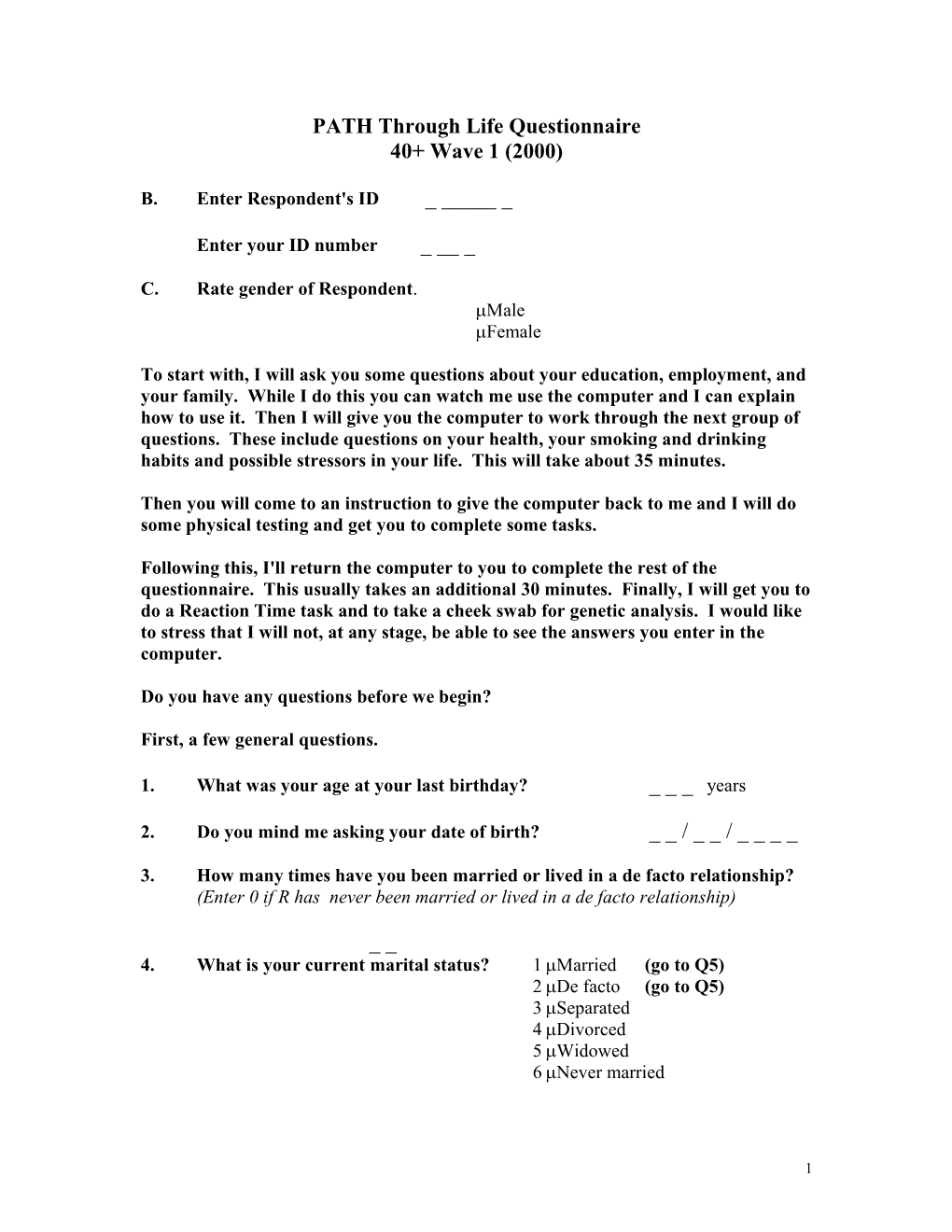 The PATH Through Life Questionnaire s1