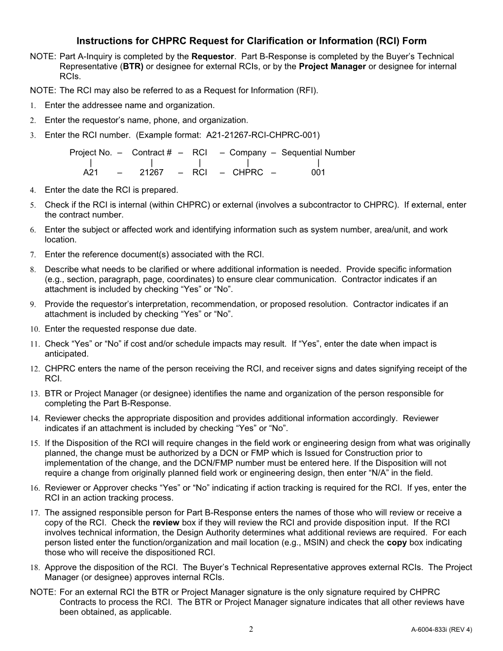 Instructions for CHPRC Request for Clarification Or Information (RCI) Form