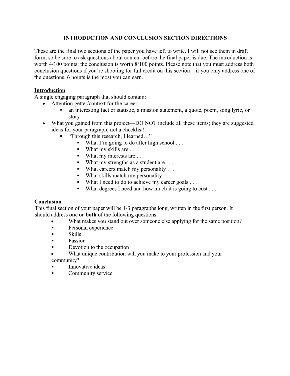 Introduction and Conclusion Section Directions