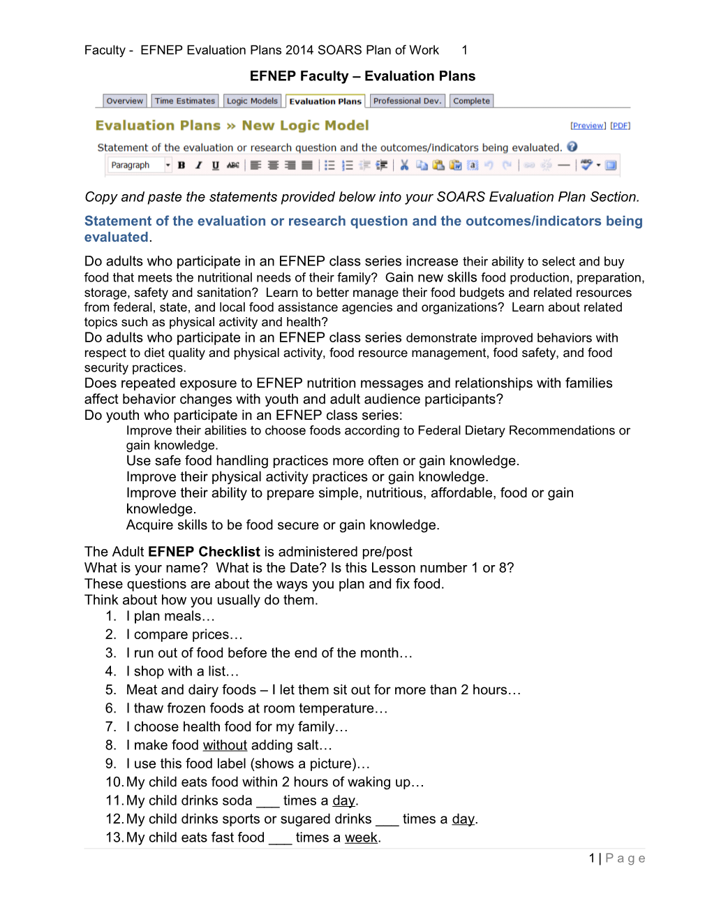 Faculty - EFNEP Evaluation Plans 2014 SOARS Plan of Work 8