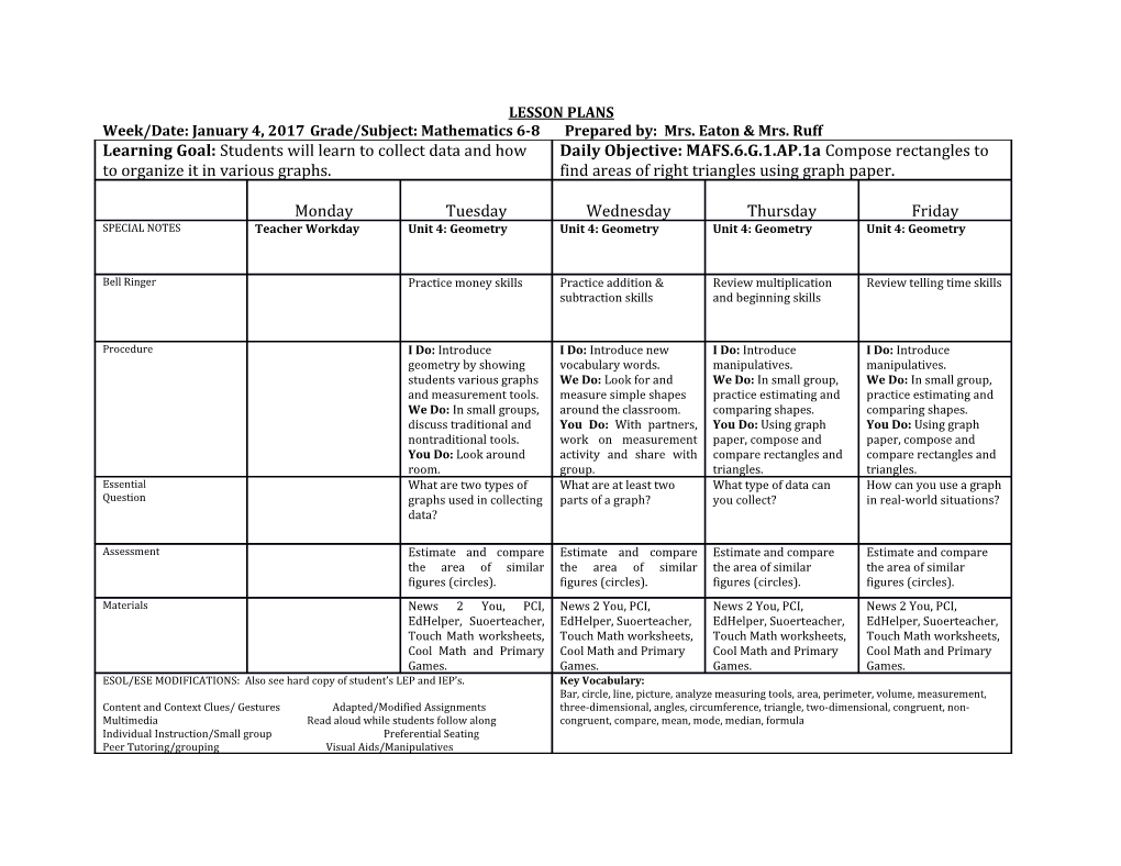 Week/Date: January 4, 2017Grade/Subject: Mathematics 6-8 Prepared By: Mrs. Eaton & Mrs. Ruff