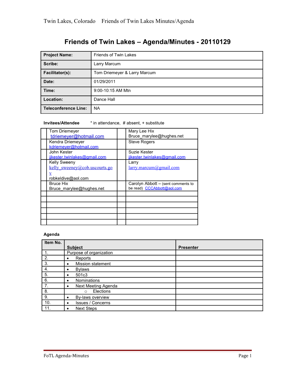 Friends of Twin Lakes Agenda/Minutes - 20110129