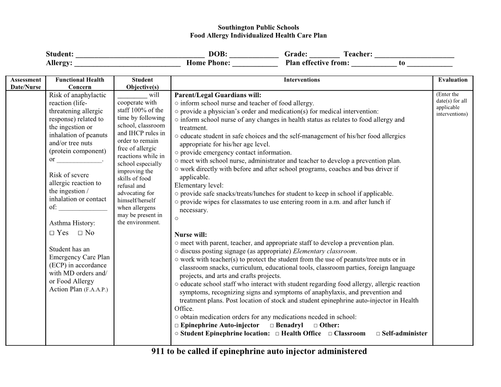 Food Allergy Individualized Health Care Plan