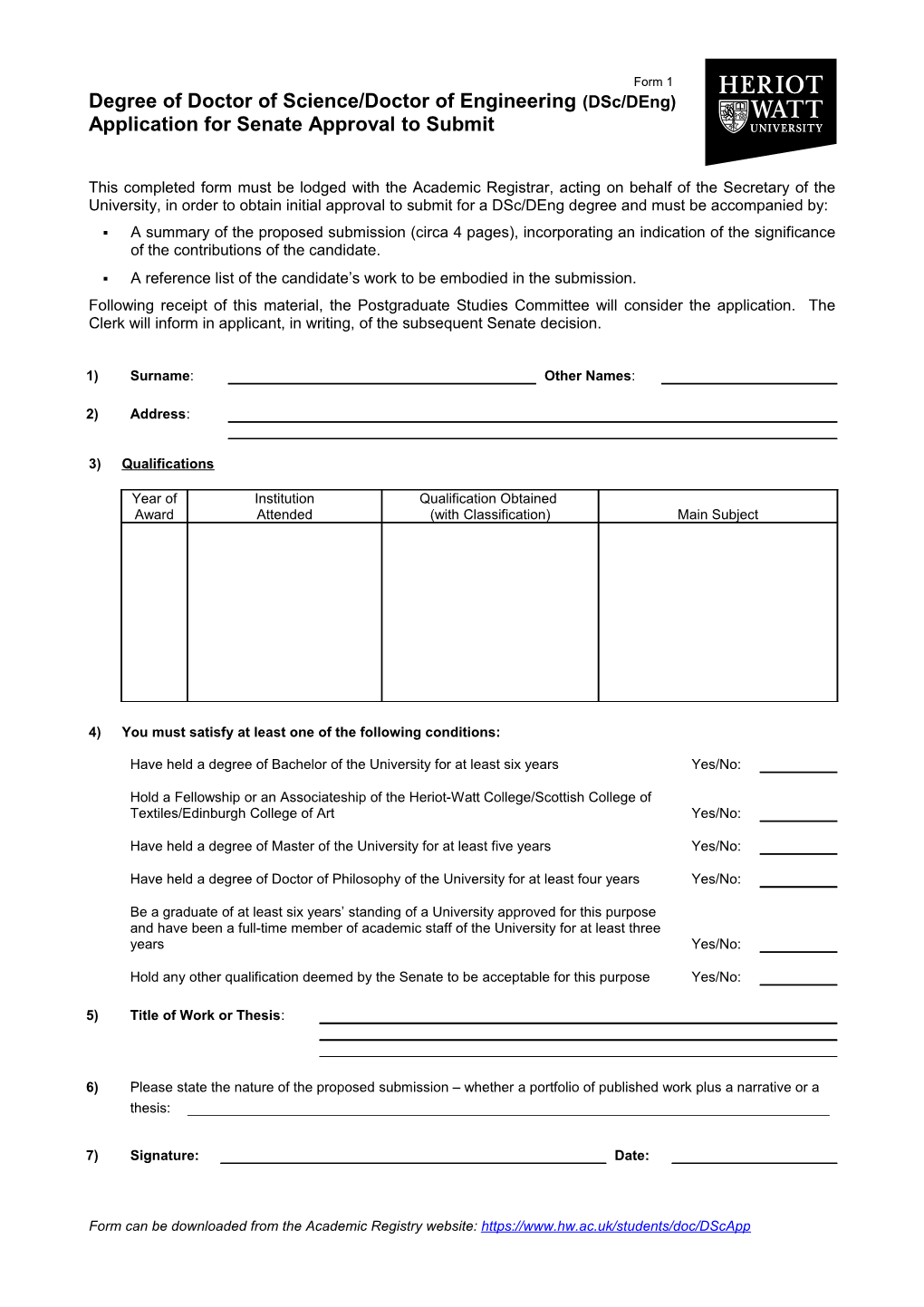 Degree of Doctor of Science/Doctor of Engineering (Dsc/Deng)