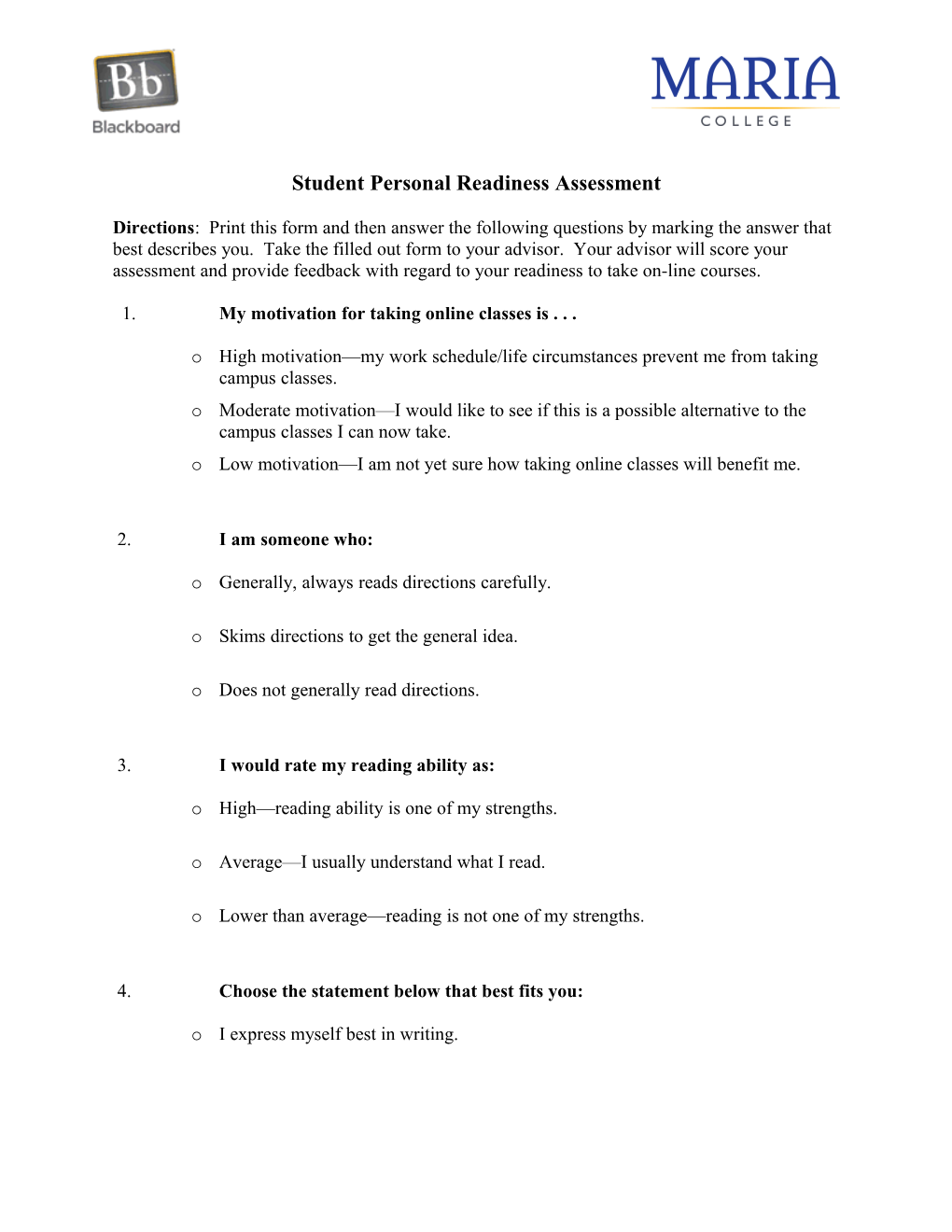Student Personal Readiness Assessment