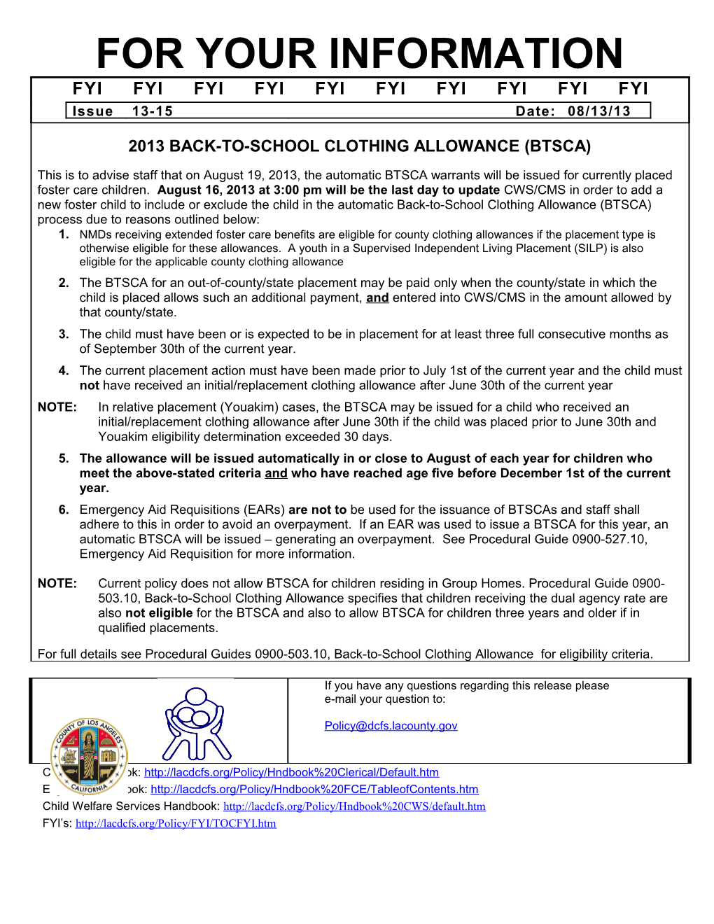 FYI 11-13, Back to School Clothing Allowance (BTSCA) s1