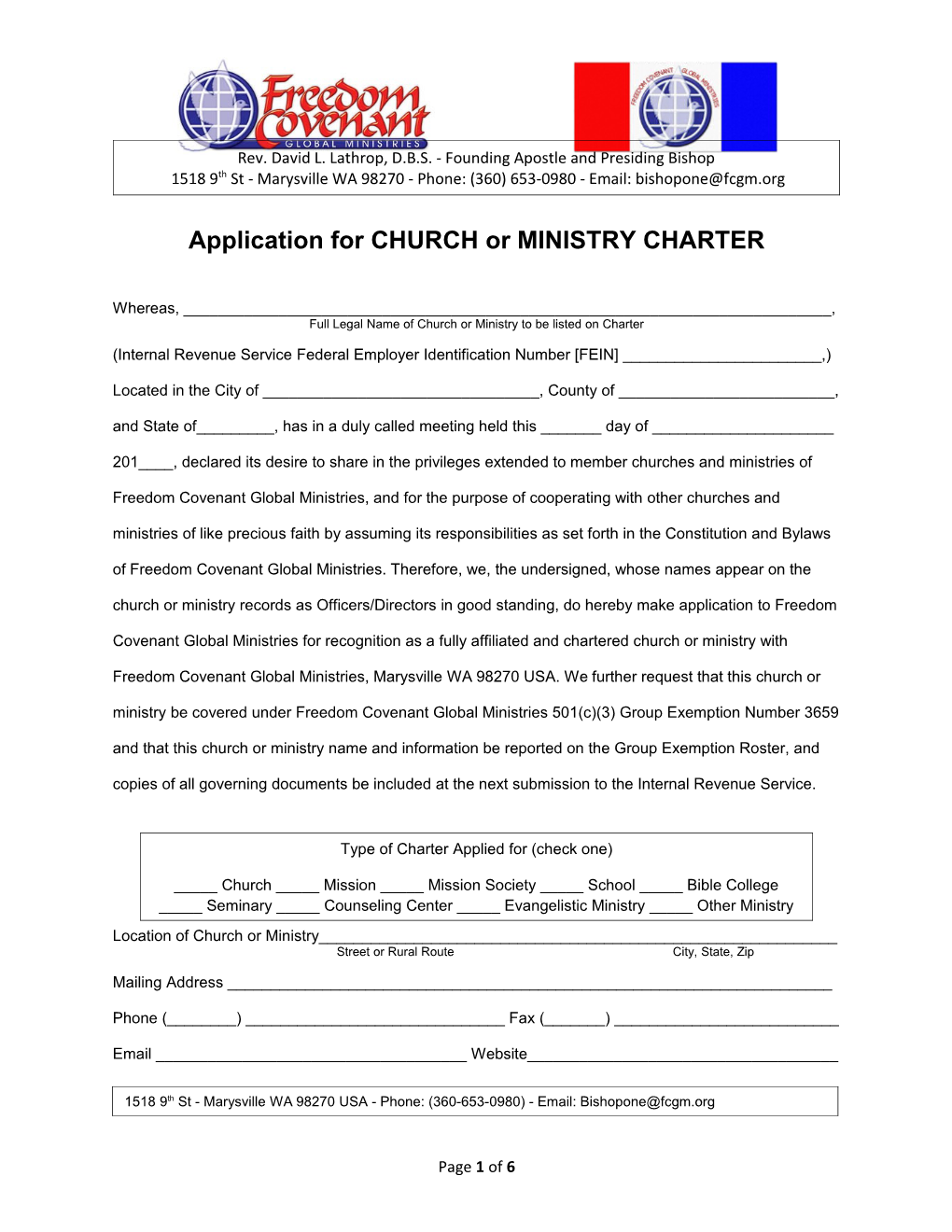 Application for CHURCH Or MINISTRY CHARTER