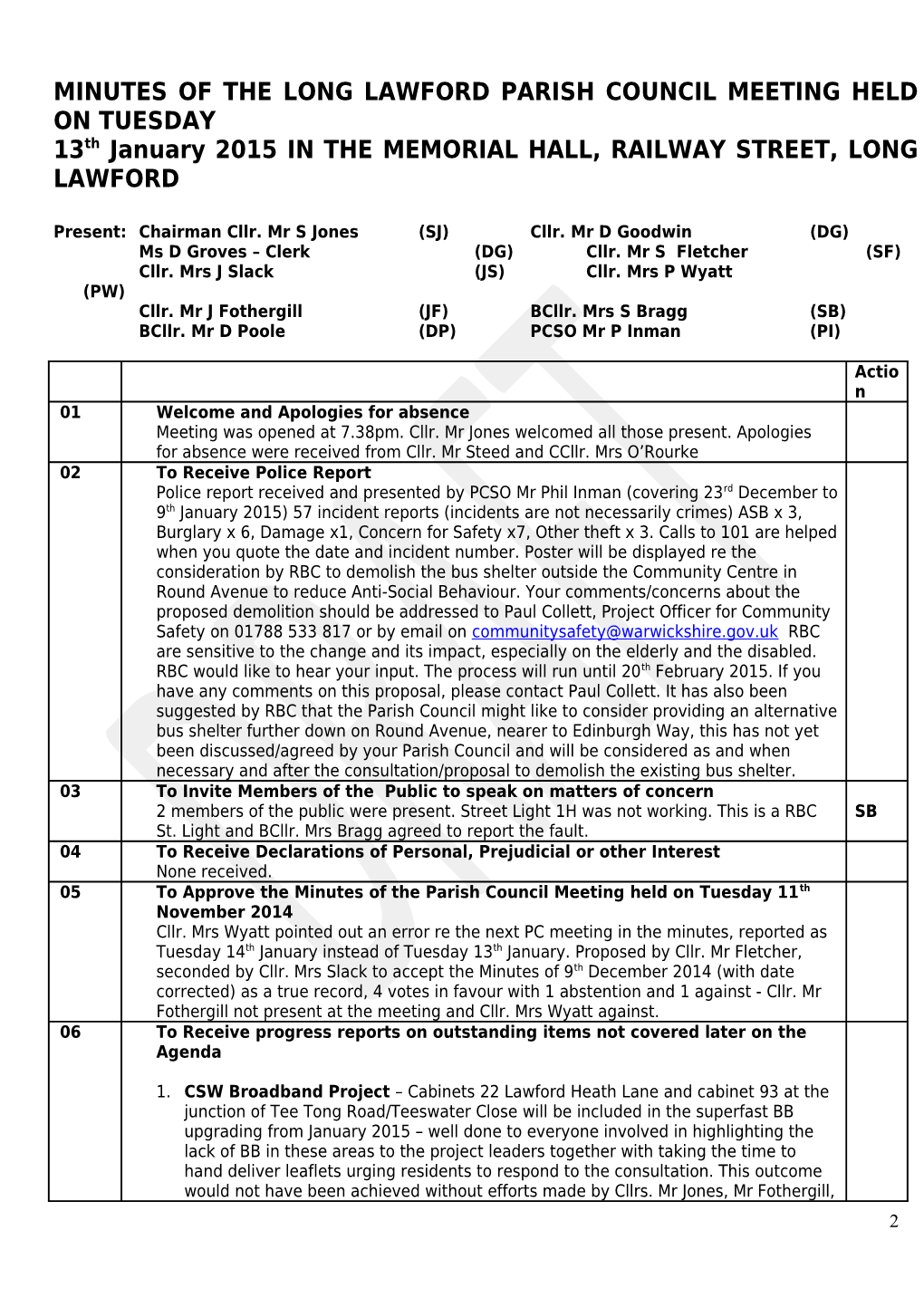 Minutes of the Long Lawford Parish Council Meeting Held on Tuesday 8Th May 2007 in The