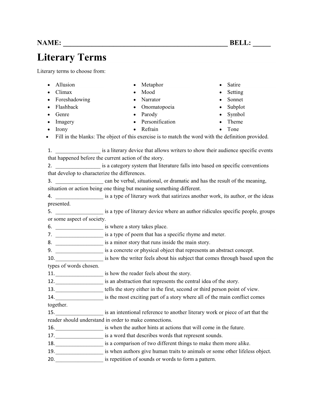 Literary Terms to Choose From