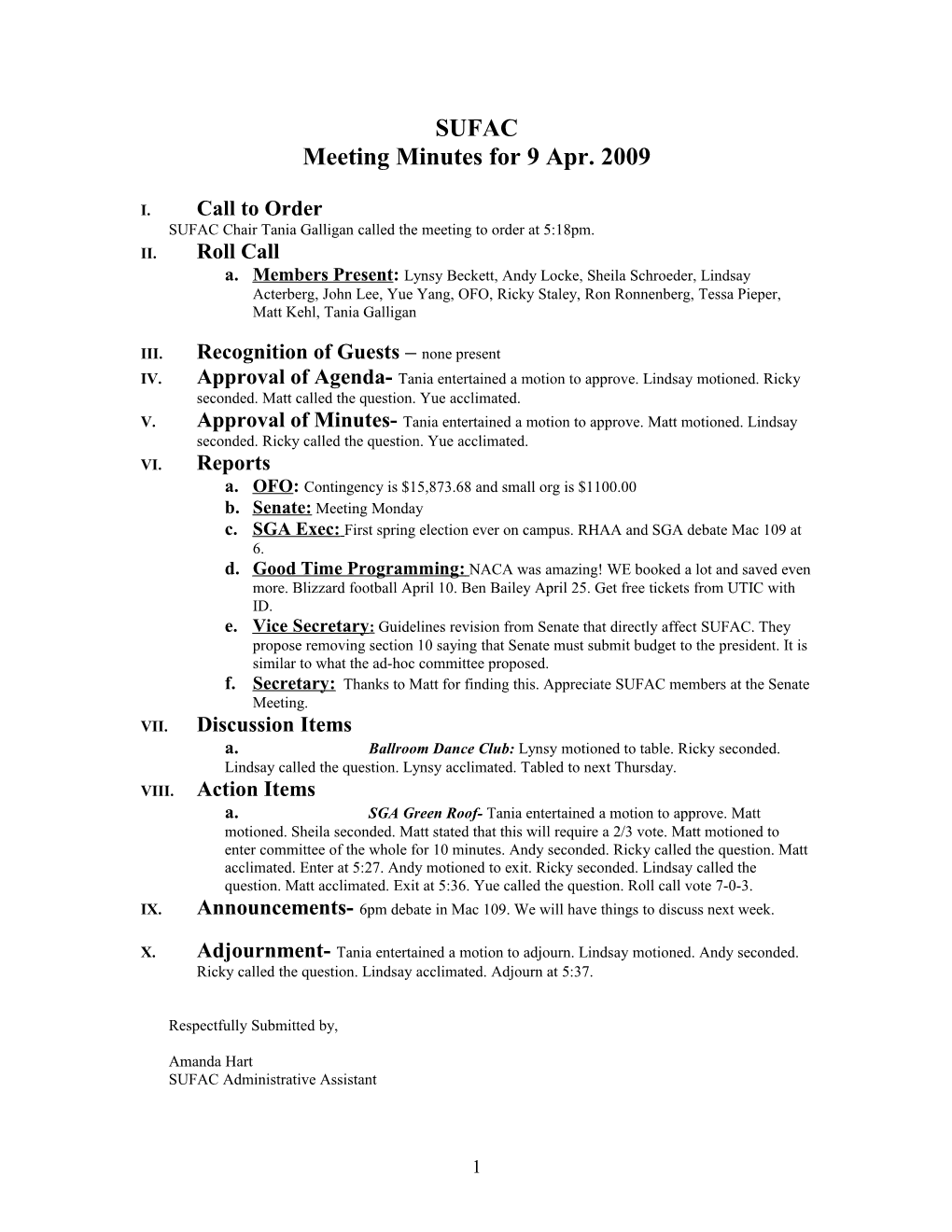 Meeting Minutes for 9 Apr. 2009