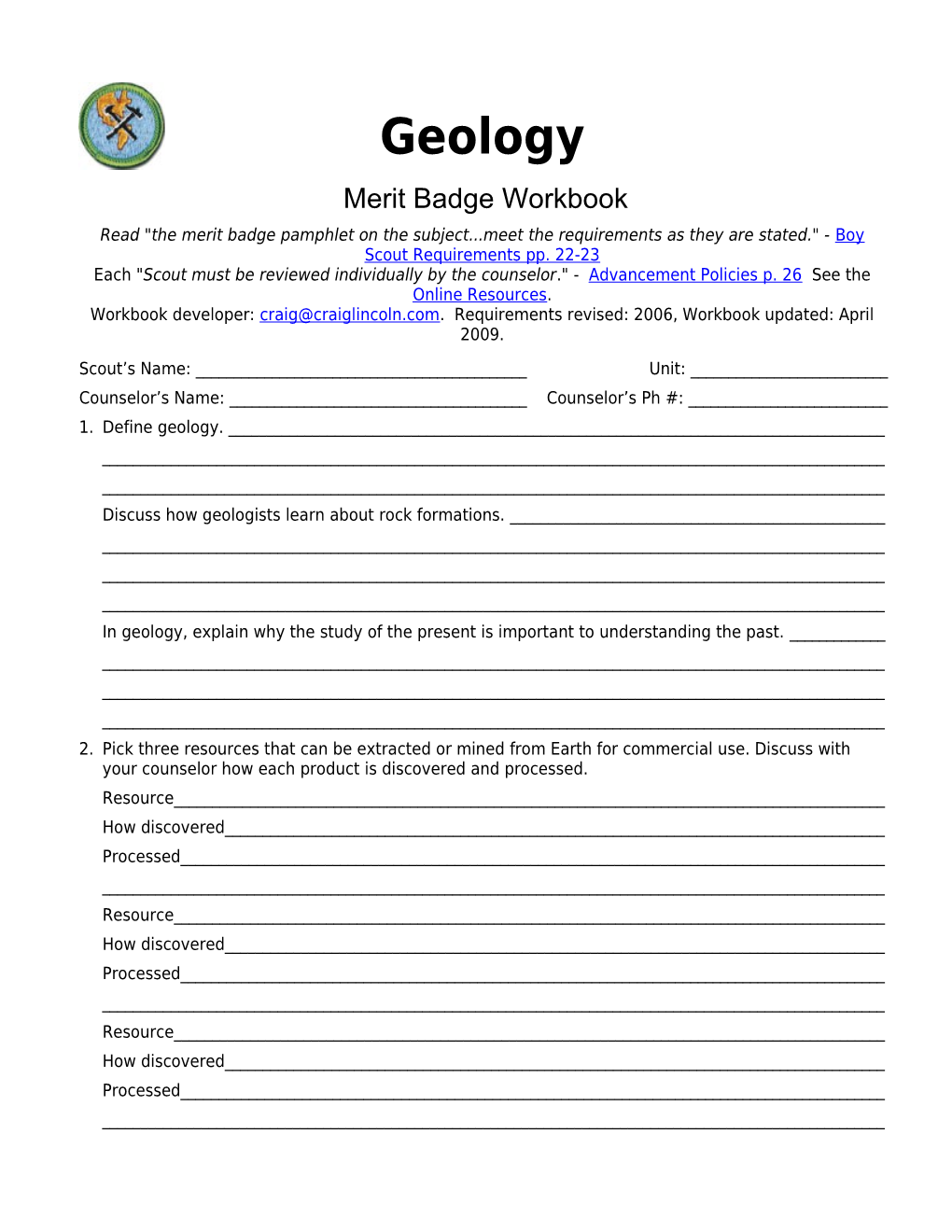Geology P. 5 Merit Badge Workbook Scout's Name: ______