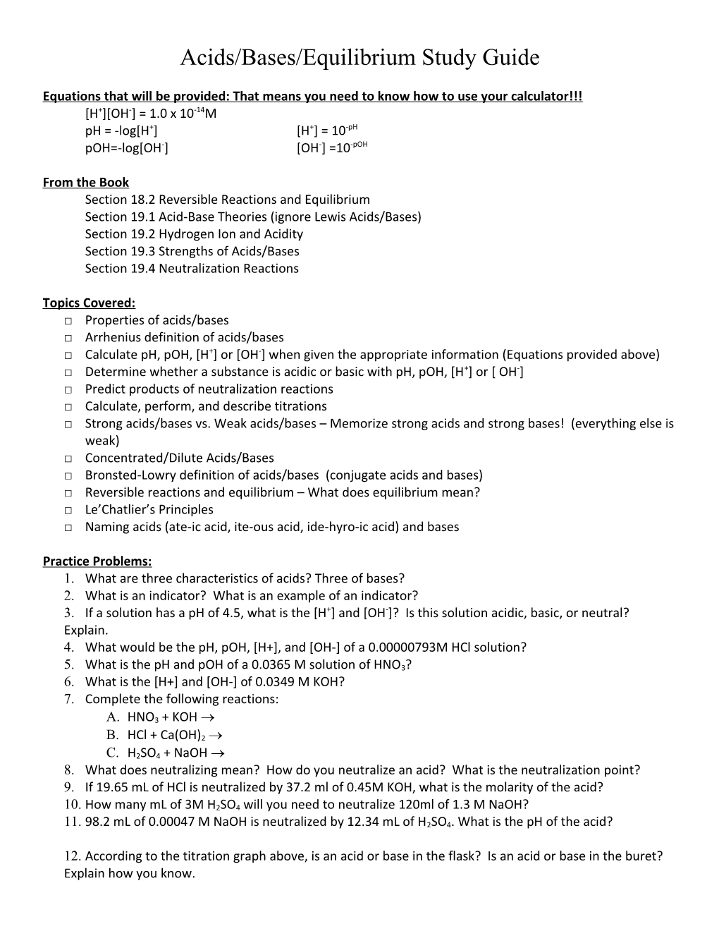 Acids/Bases/Equilibrium Study Guide