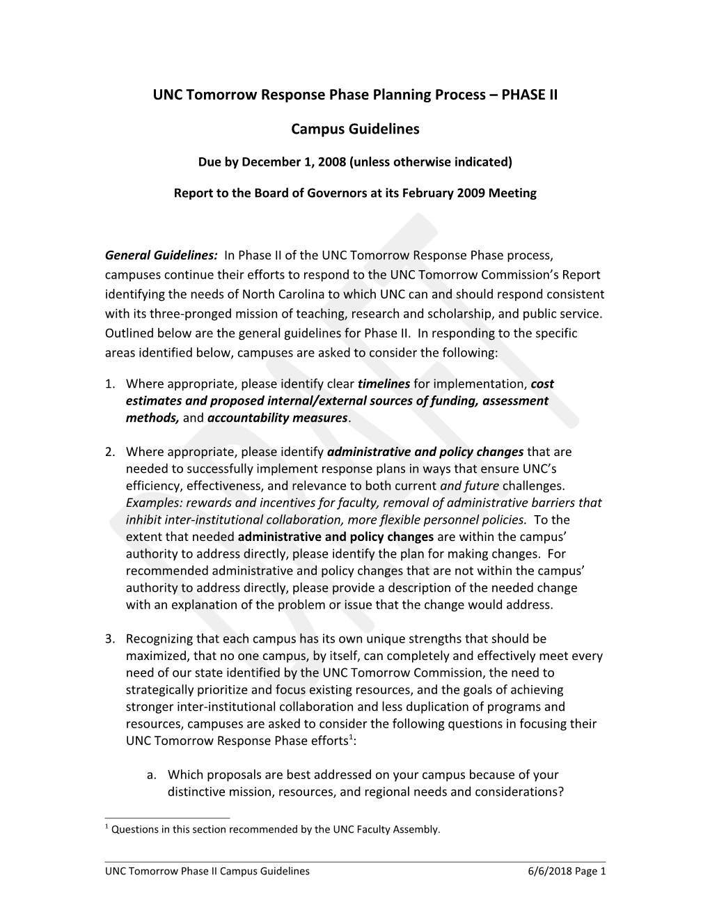 UNC Tomorrow Response Phase Planning Process PHASE II