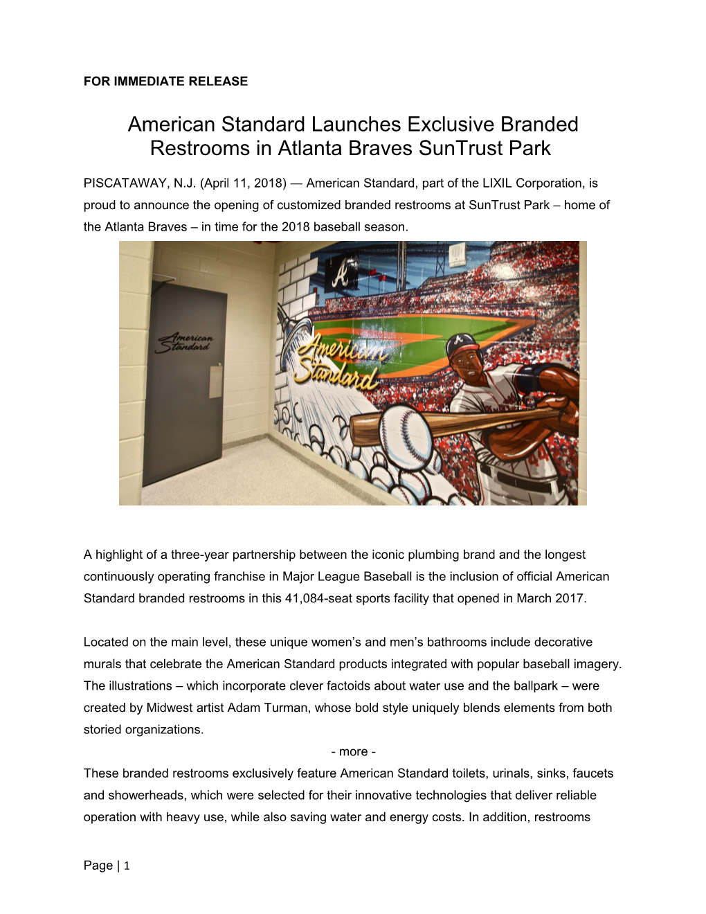 American Standard Launches Exclusive Branded Restrooms in Atlanta Braves Suntrust Park