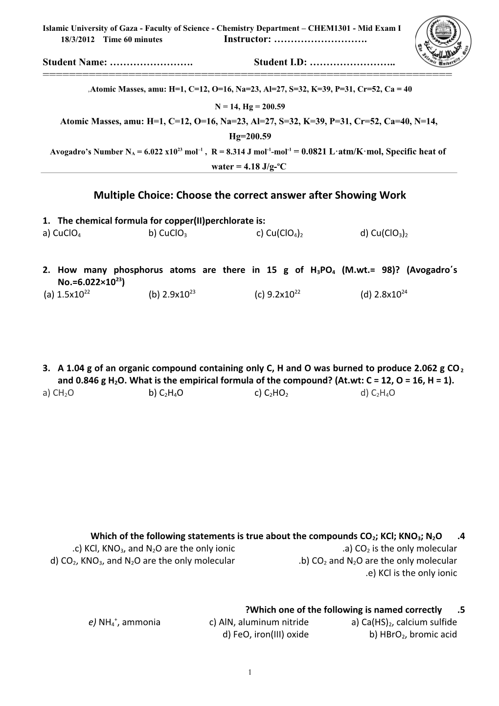 Islamic University of Gaza - Faculty of Science - Chemistry Department CHEM1301 - Mid Exam I