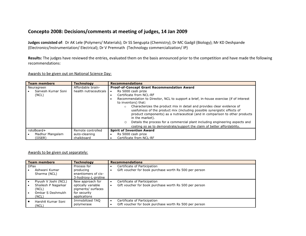 Concepto 2008: Decisions/Comments at Meeting of Judges, 14 Jan 2009