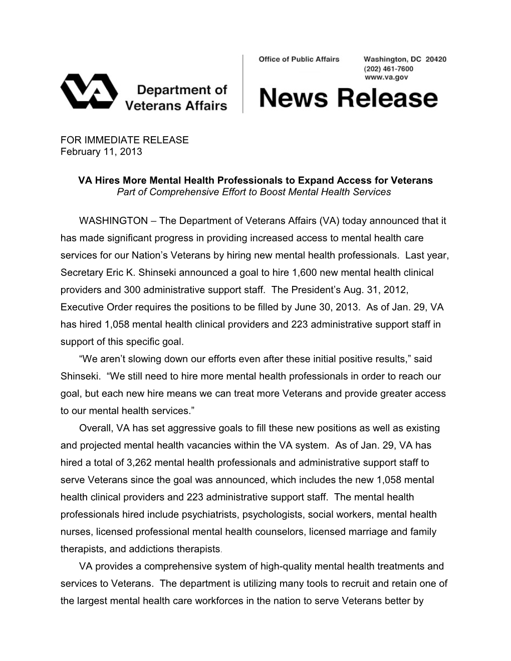VA Hires More Mental Health Professionals to Expand Access for Veterans