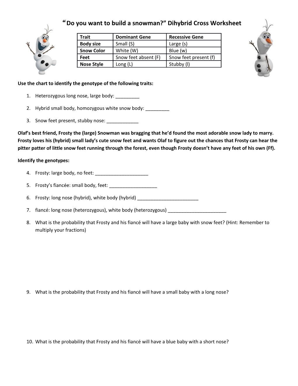 Use the Chart to Identify the Genotype of the Following Traits