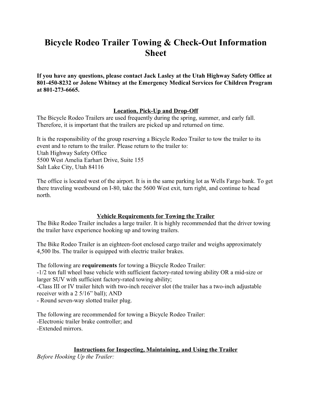 Bicycle Rodeo Trailer Towing & Check-Out Information Sheet