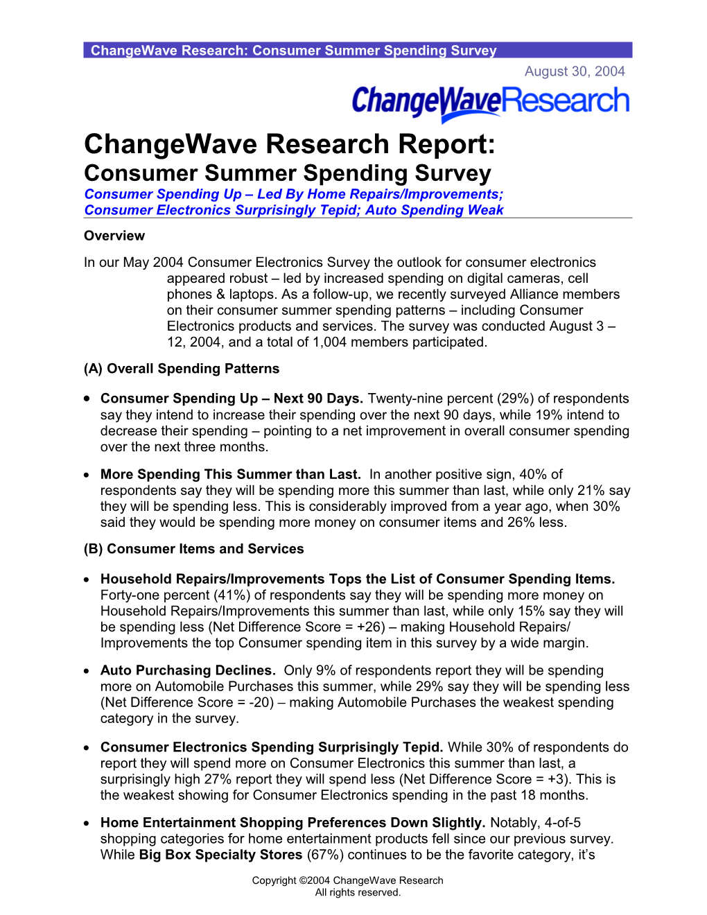 Changewave Research: Consumer Summer Spending Survey