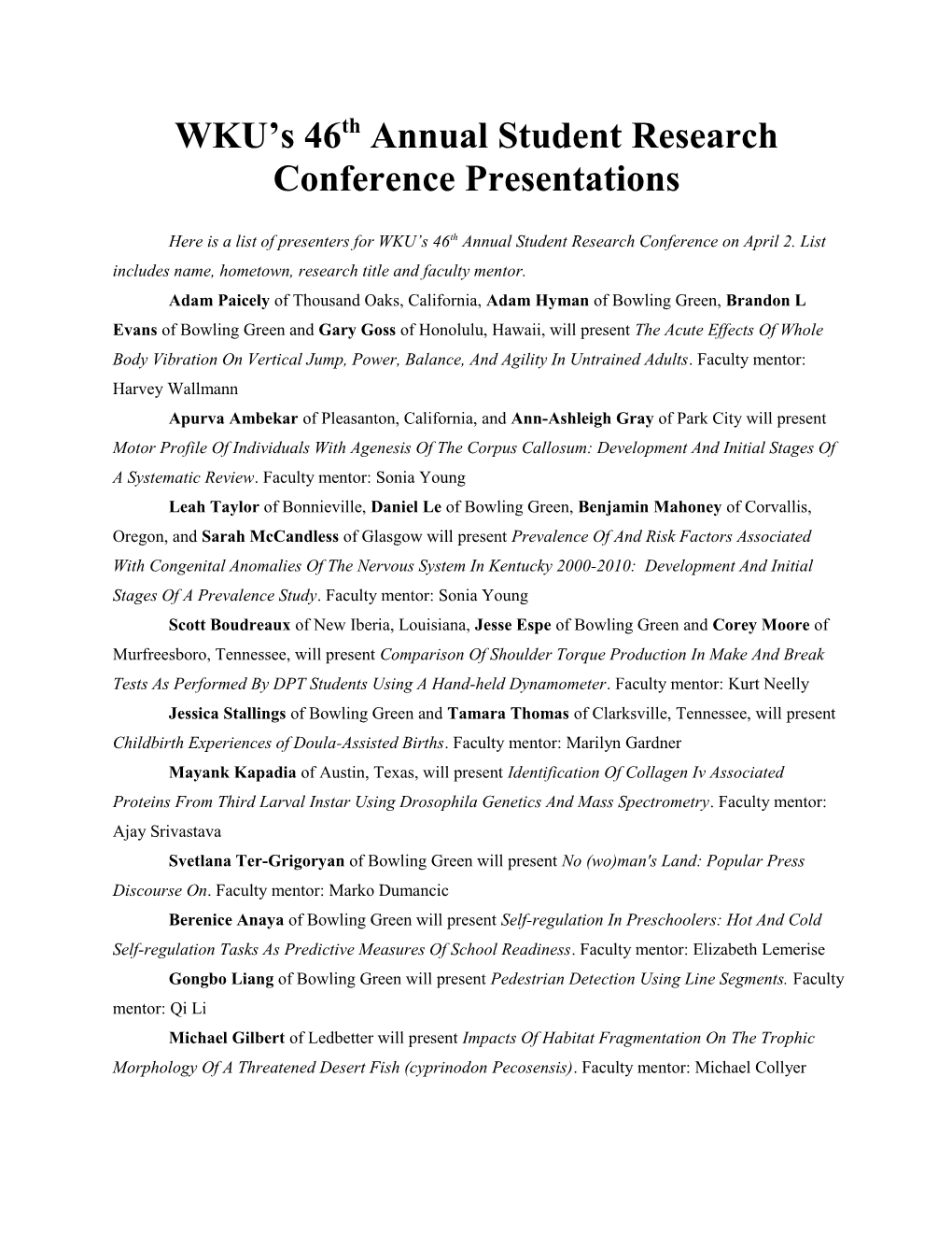 WKU S 46Th Annual Student Research Conference Presentations