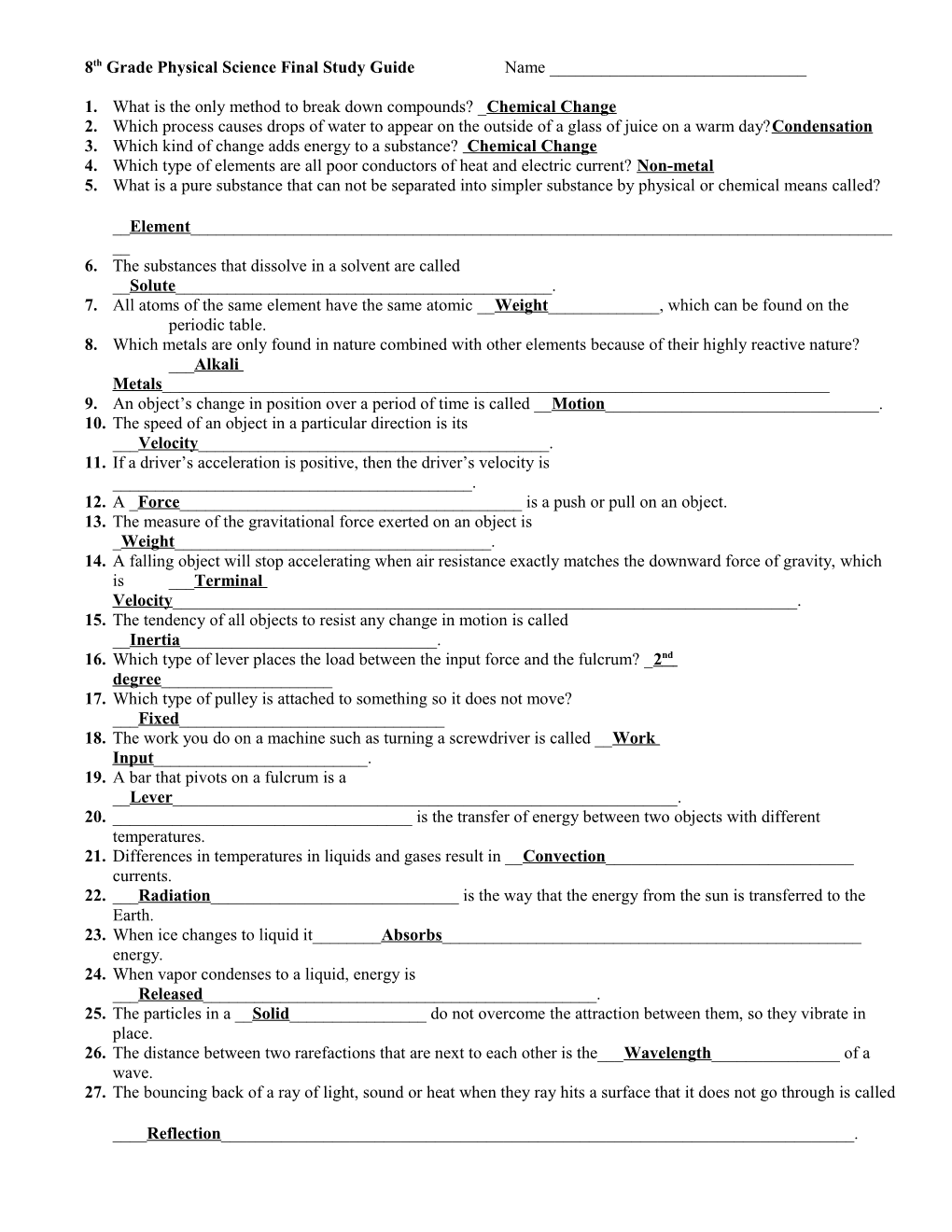 8Th Grade Physical Science Final Study Guide