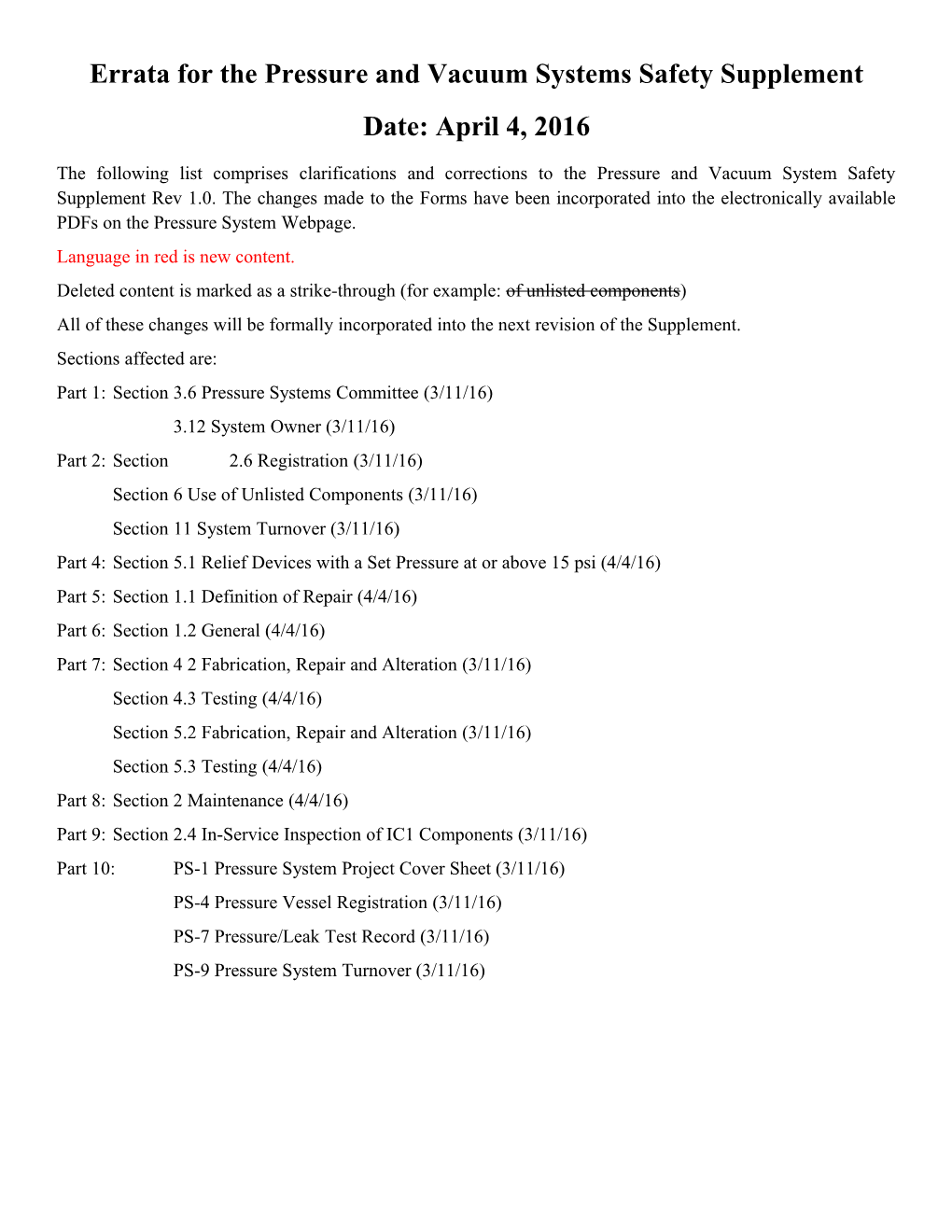 Errata for the Pressure and Vacuum Systems Safety Supplement