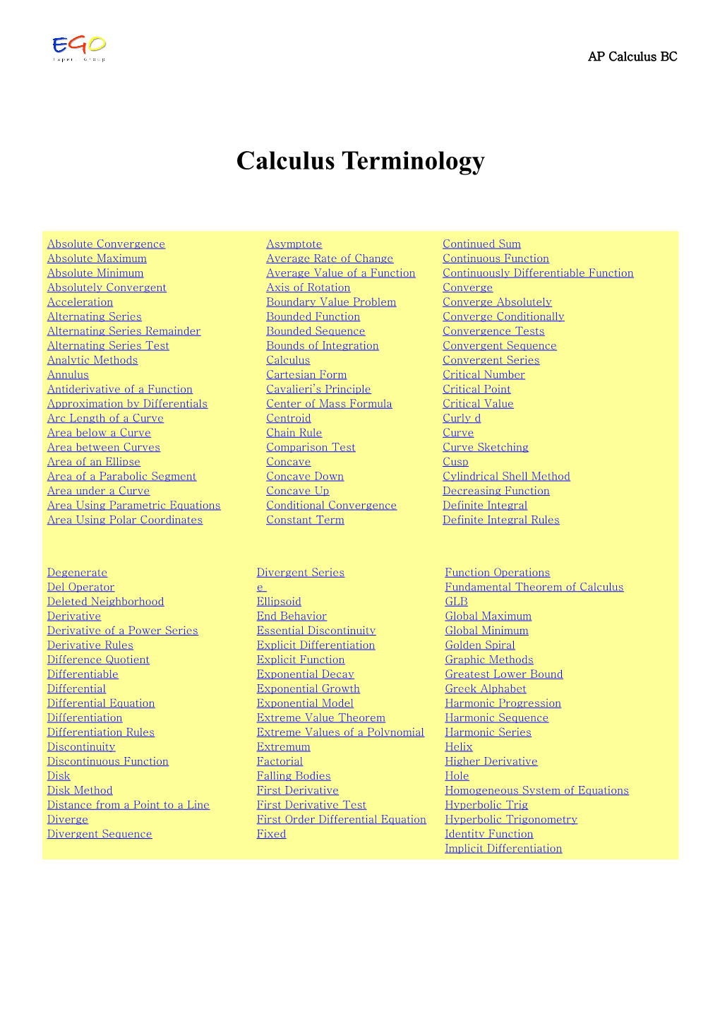 Calculus Terminology