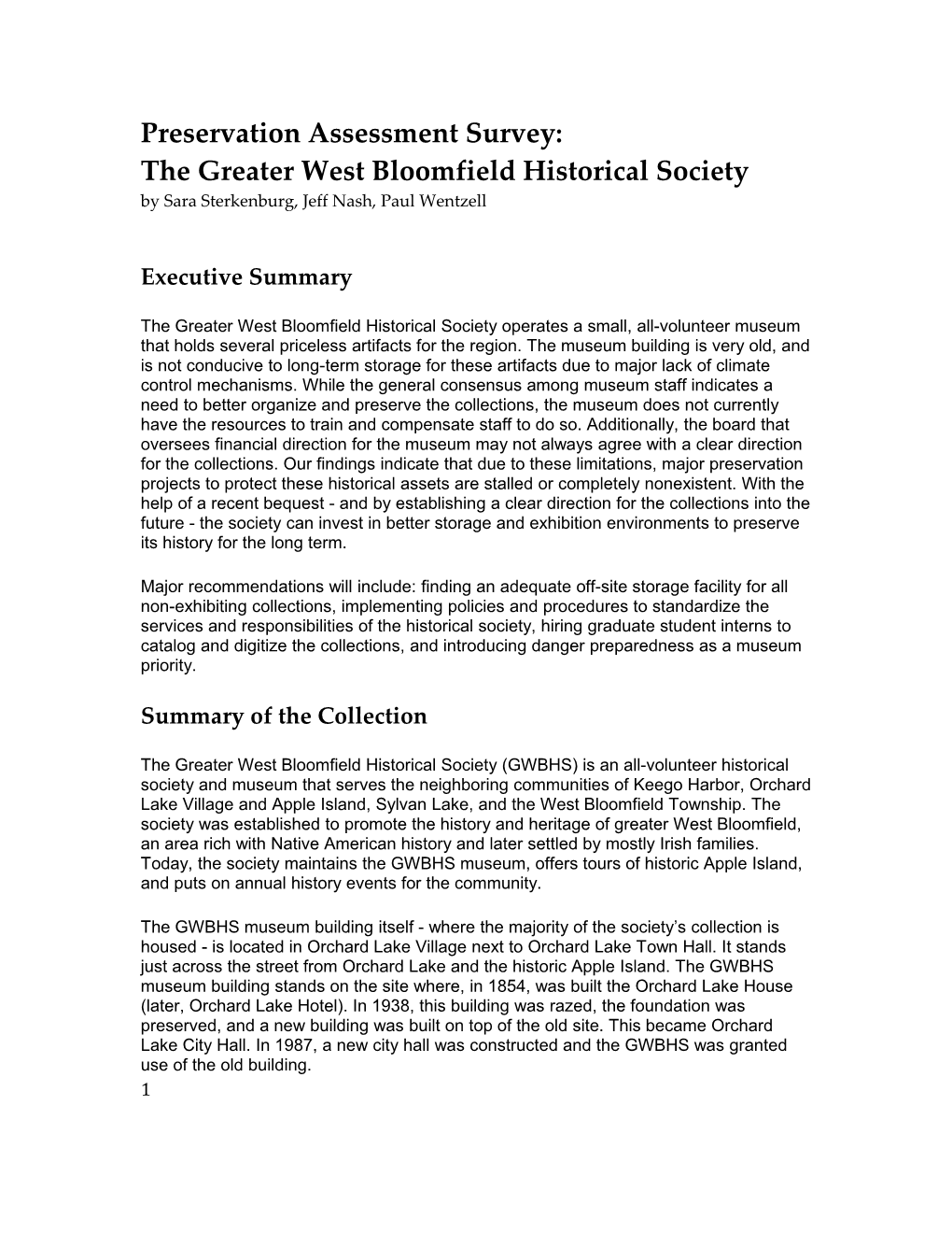 Preservation Assessment Survey: the Greater West Bloomfield Historical Society by Sara