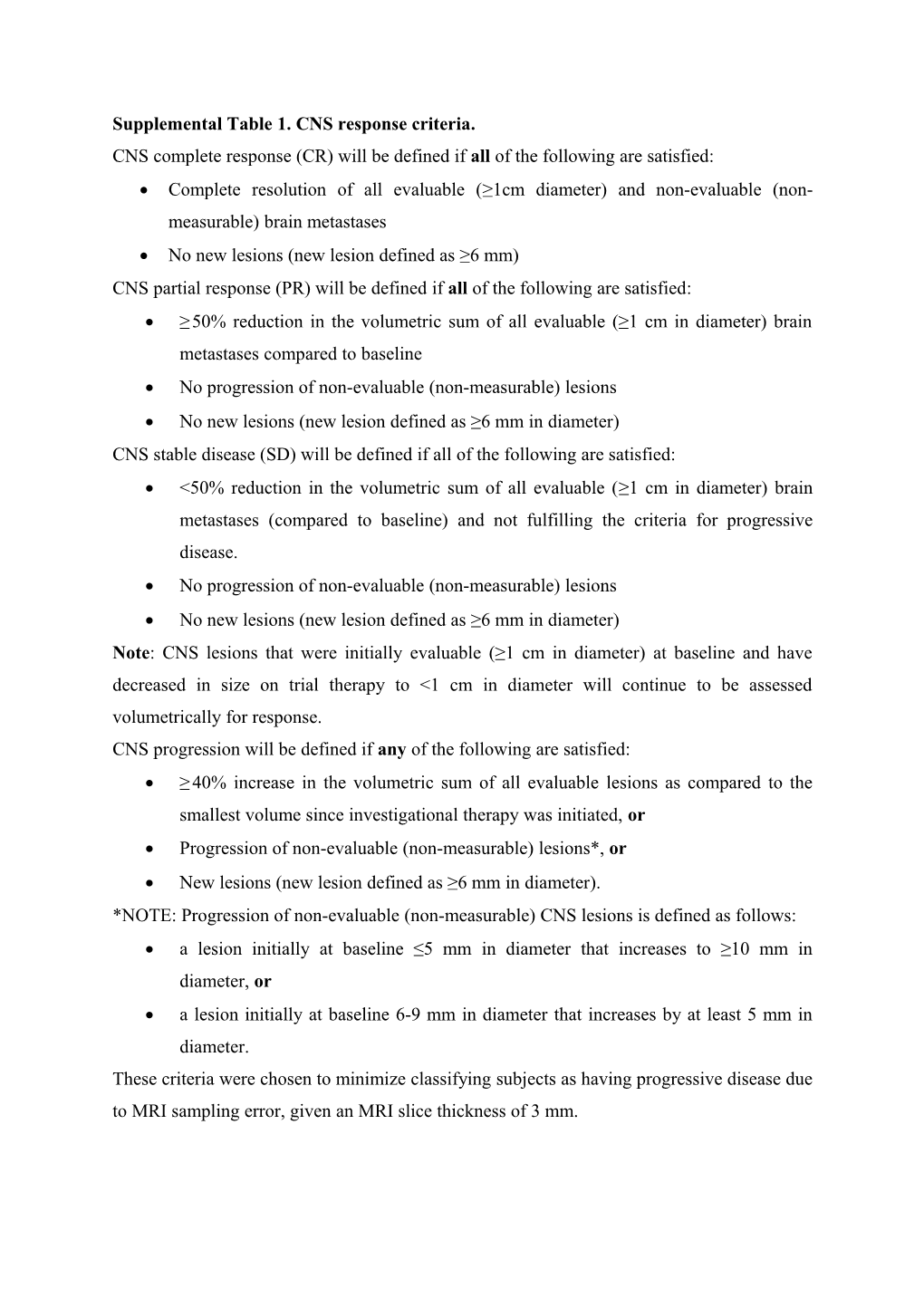 Supplemental Table 1. CNS Response Criteria