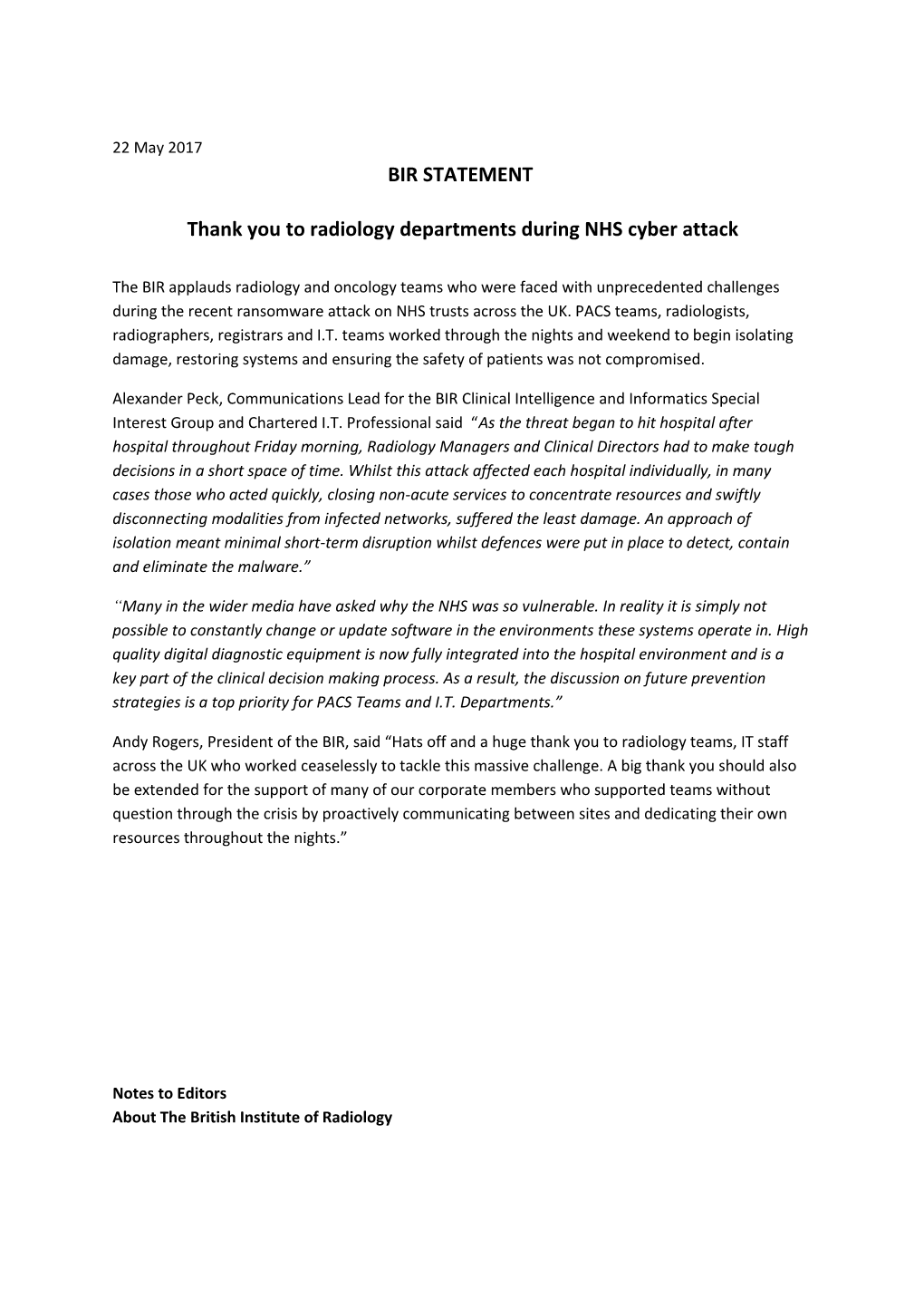 Thank You to Radiology Departments During NHS Cyber Attack