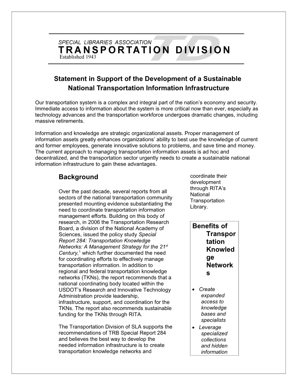 Statement in Support of the Development of a Sustainable Transportation Information