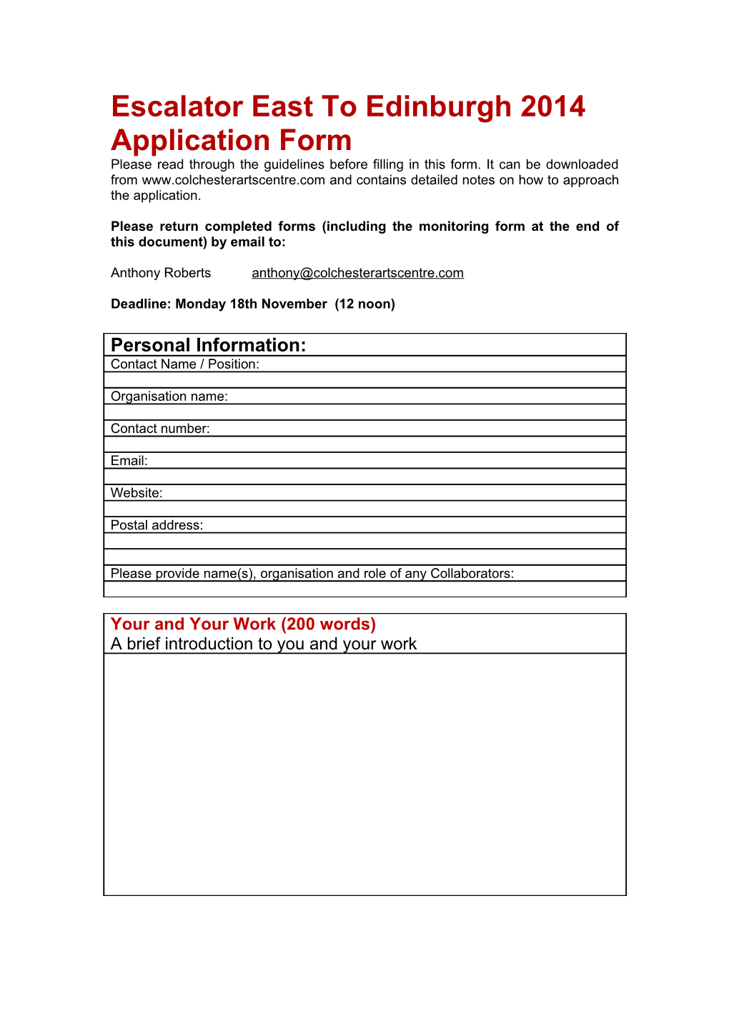 Escalator East to Edinburgh 2014 Application Form
