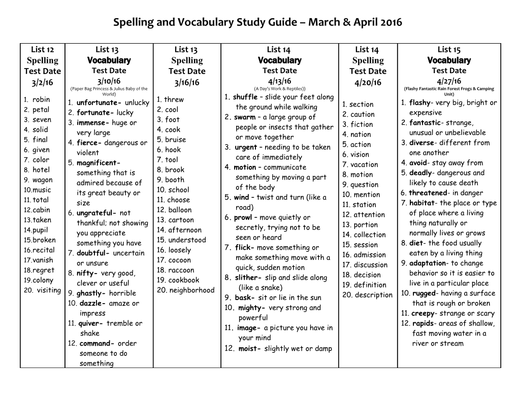 Spelling and Vocabulary Study Guide March & April 2016