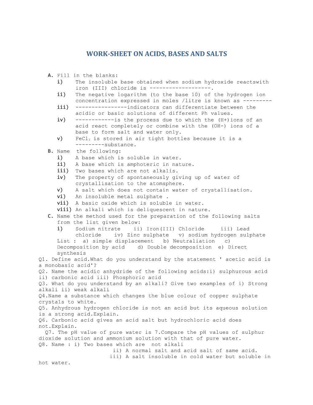 Work-Sheet on Acids,Bases and Salts