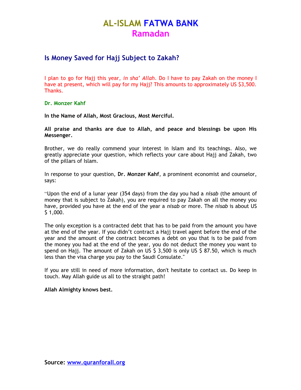 Is Money Saved for Hajj Subject to Zakah