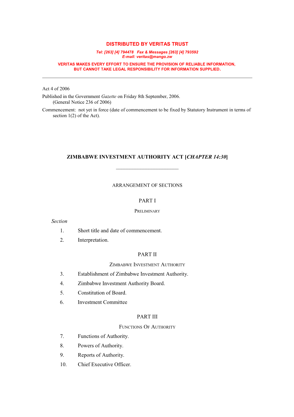 Zimbabwe Investment Authority Act Chapter 14:30 - Act 4 of 2006 10-2005