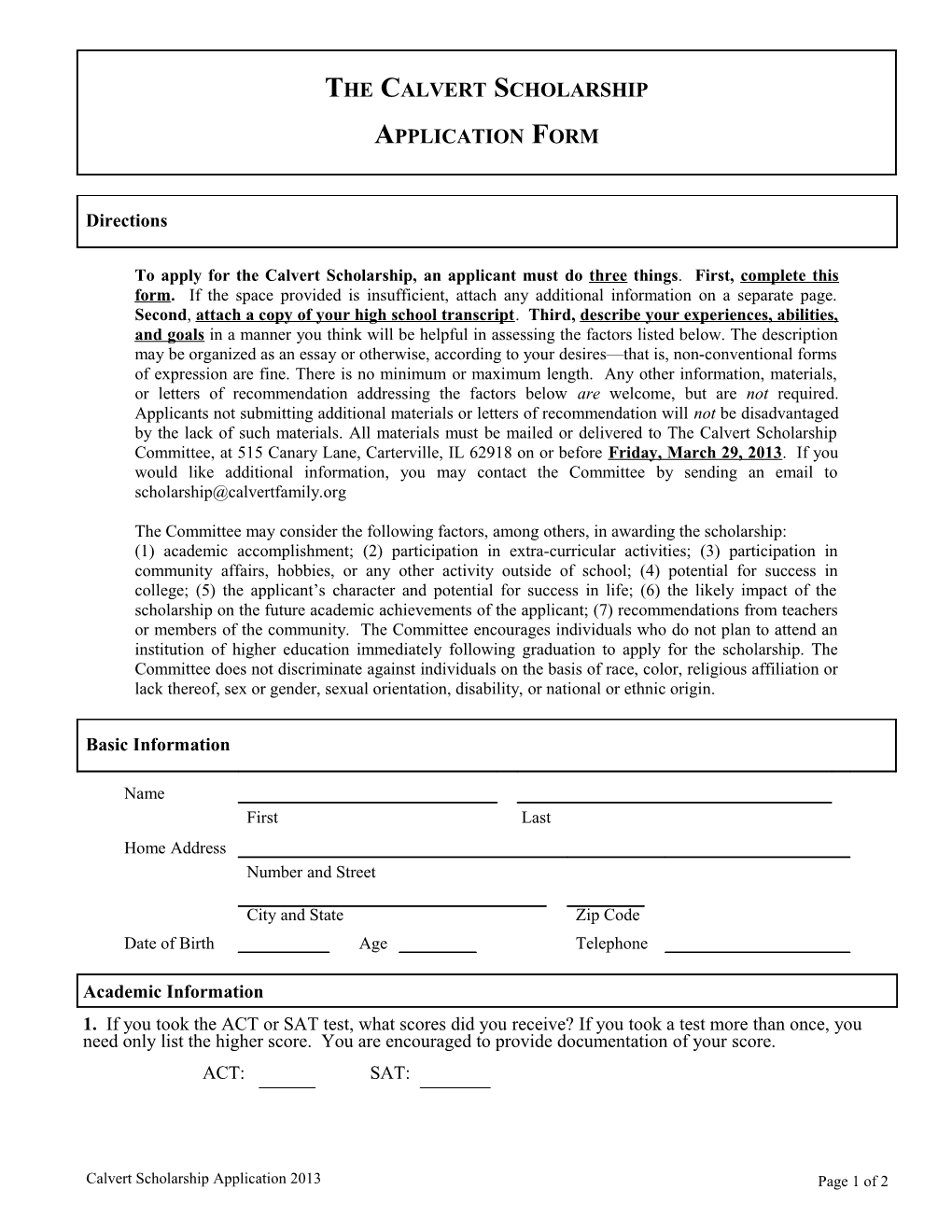 Calvert Scholarship - Application Form - 2008 (T: Wcalvert S2647120;1)
