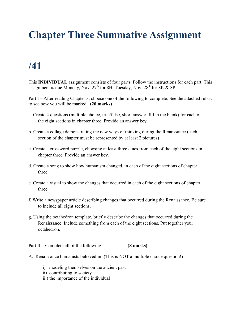 Chapter Three Summative Assignment