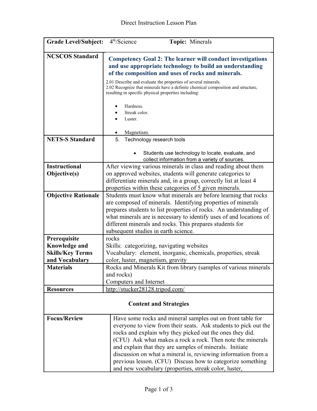 Direct Instruction Lesson Plan Format