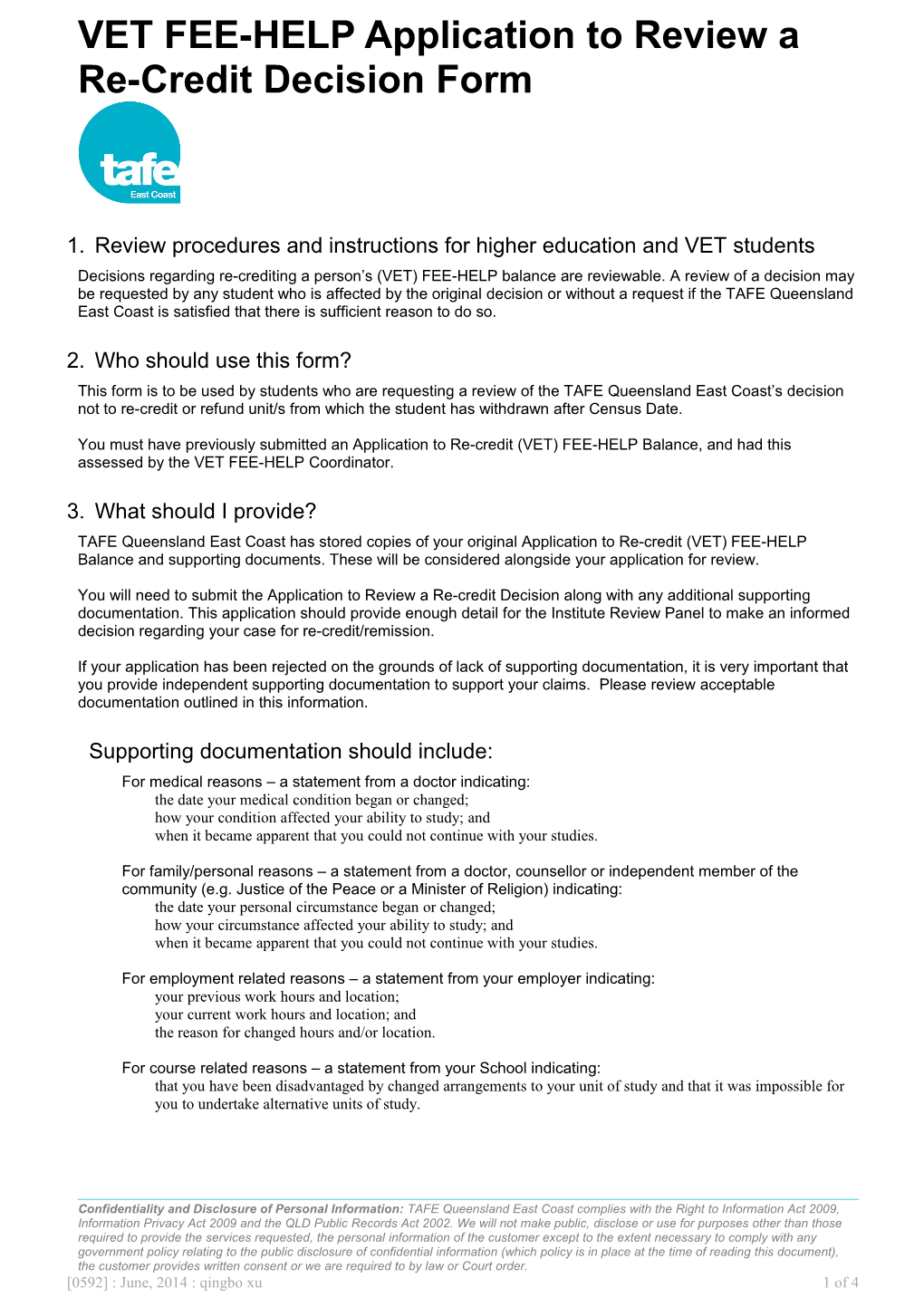 VET FEE-HELP Application to Review a Re-Credit Decision