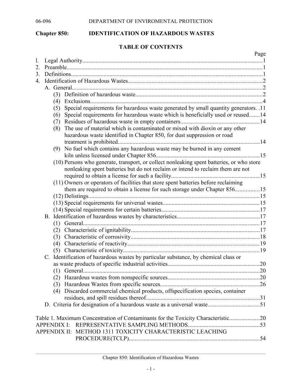 Chapter 850:IDENTIFICATION of HAZARDOUS WASTES