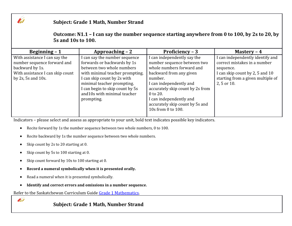 Grade 1 Math Rubrics